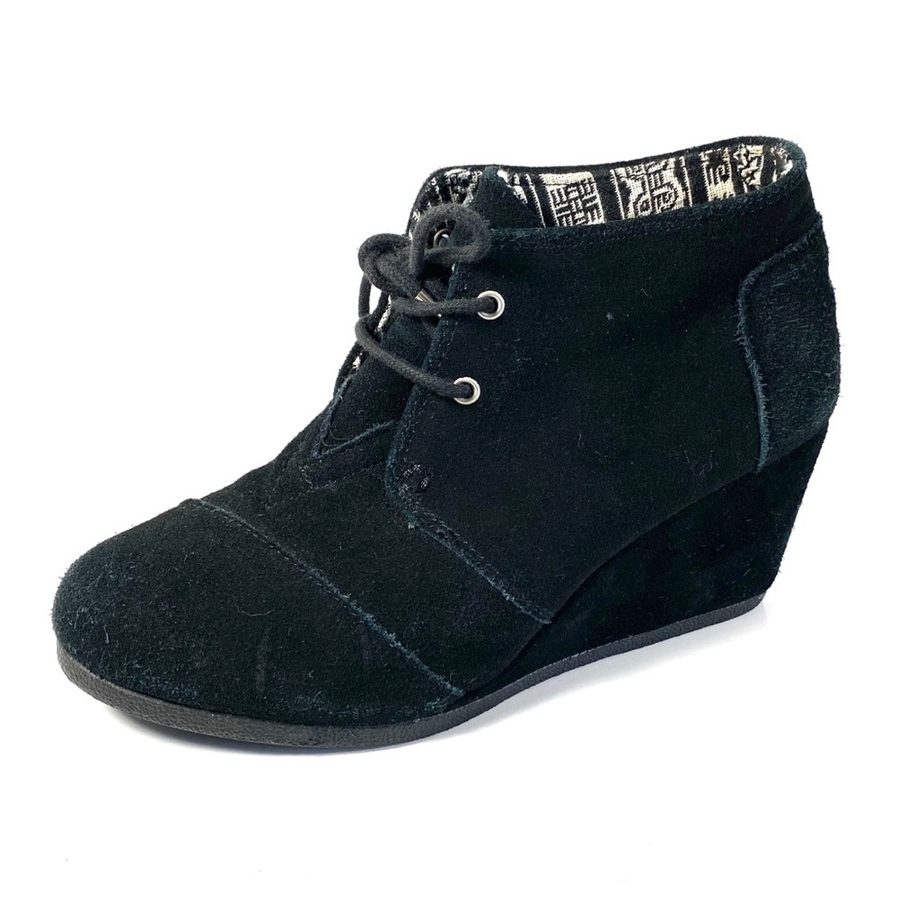 TOMS Wedge Ankle Boots Lace Up Black Suede Size 7